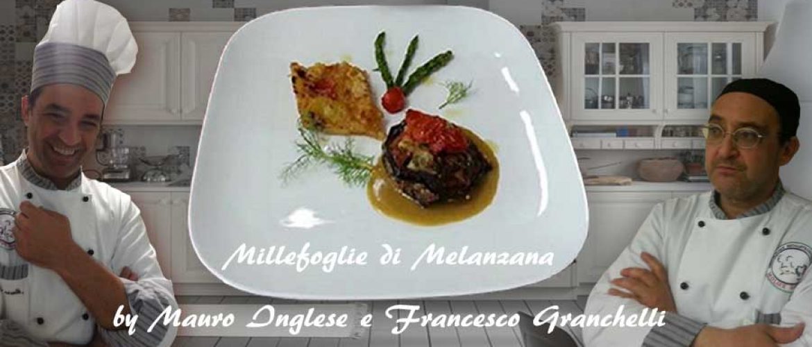 Millefoglie di melanzana e ombrina su salsa ai crostacei