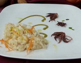 Risotto ai crostacei lime e burrata su crema di asparagi